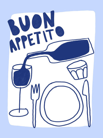 Illustration im minimalistischen Stil mit dem Schriftzug „Buon Appetito“. Eine Flasche Wein wird in ein Glas gegossen, daneben stehen ein leerer Teller, Besteck und ein Wasserglas auf hellblauem Hintergrund