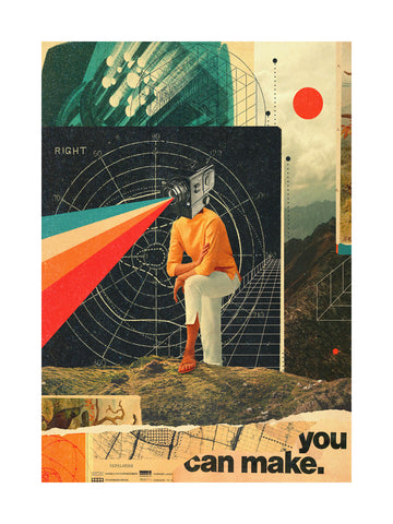Collage mit einer Frau, die einen Regenbogen projiziert, und dem Text "You can make." im Retro-Stil.
