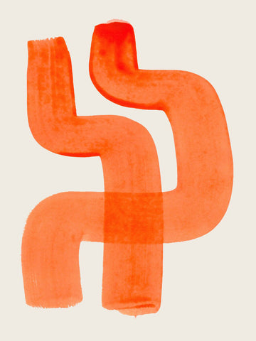 Abstraktes Poster mit zwei ineinander verschlungenen orangen Linien auf beigem Hintergrund.