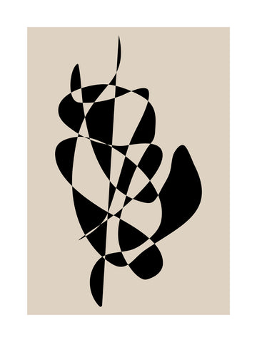 Grafische Illustration mit abstrakten schwarzen Formen auf beigem Hintergrund.