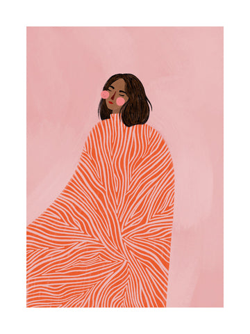 Illustration einer Frau in einer orange-gestreiften Decke auf rosa Hintergrund.
