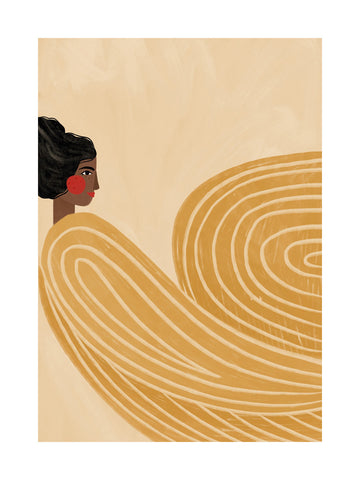 Grafische Illustration einer Frau mit roten Wangen in einem gelben Kleid vor einem hellbeigen Hintergrund.