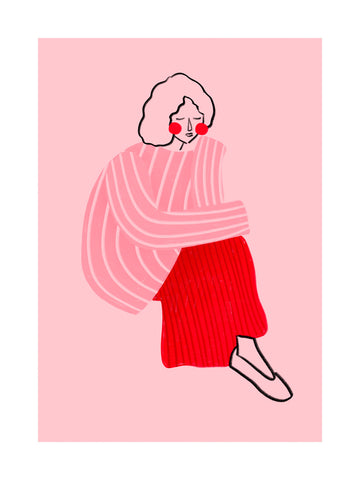 Illustration einer Frau in einem gestreiften Pullover und einem roten Rock vor einem rosa Hintergrund.