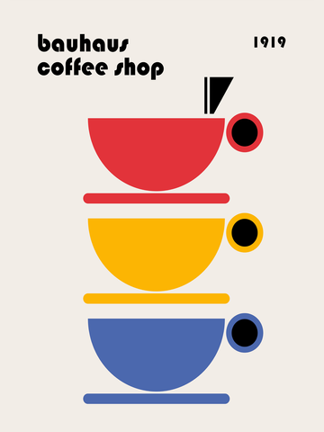 Grafische Illustration von Kaffeetassen in Rot, Gelb und Blau auf grauem Hintergrund mit dem Text "bauhaus coffee shop".