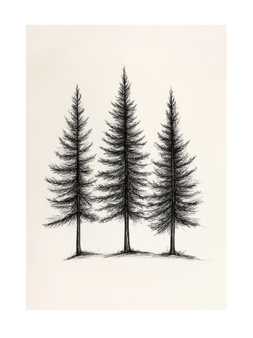 Drei Tannen in Schwarz-Weiß auf einem Poster.