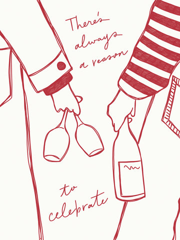 Illustration von zwei Personen, die eine Flasche und Gläser halten, mit dem Text "There's always a reason to celebrate" in Rot und Weiß.