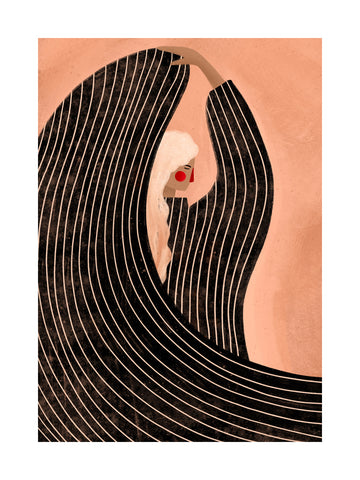 Illustration einer Frau in einem schwarz-weiß gestreiften Kleid auf pfirsichfarbenem Hintergrund.