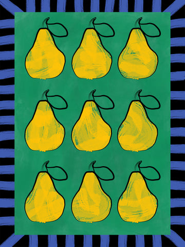 Grafische Illustration von neun gelben Birnen auf grünem Hintergrund mit schwarz-blau gestreiftem Rand.