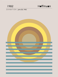 Grafisches Poster mit einer Sonne in Gelbtönen über grünen Linien auf beigem Hintergrund, Text "1982 Exhibition June 28, 1982 Hoffmann".