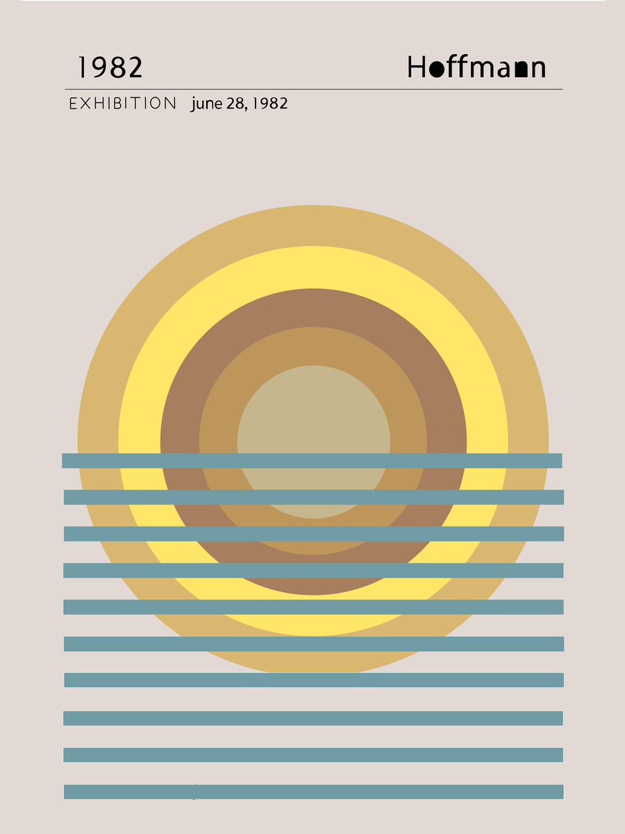 Grafisches Poster mit einer Sonne in Gelbtönen über grünen Linien auf beigem Hintergrund, Text "1982 Exhibition June 28, 1982 Hoffmann".