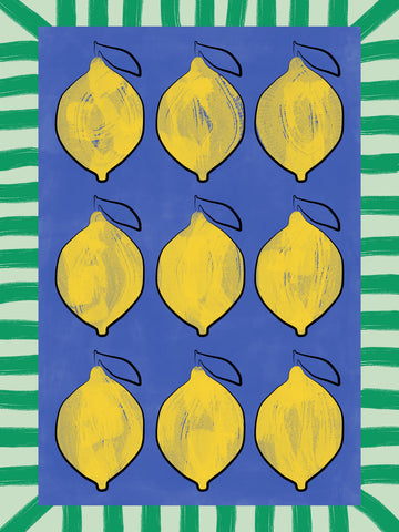 Poster mit neun gelben Zitronen auf blauem Hintergrund und grünem Streifenrahmen.