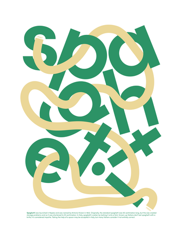 Grafisches Poster mit dem Wort „Spaghetti“ in Grün, durchzogen von beigefarbenen Spaghetti.