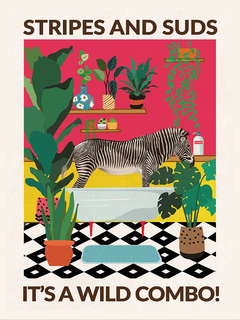 Ein Zebra in einem bunten Badezimmer mit Pflanzen und dem Text "Stripes and suds, it's a wild combo".