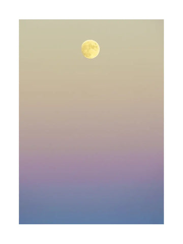 Fotografie des Vollmonds vor einem Himmel in Beige, Lila und Blau.