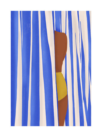 Grafische Illustration einer Frau in gelbem Badeanzug hinter einem blauen Vorhang.
