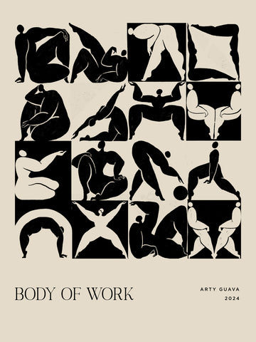 Grafische Illustration mit schwarzen Figuren in verschiedenen Posen auf beigem Hintergrund, mit dem Text "Body of Work".