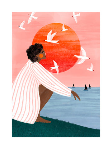 Illustration einer Frau mit lockigem Haar und gestreifter Jacke vor einem roten Sonnenuntergang und einem See mit fliegenden Vögeln.