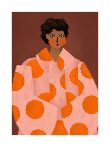 Illustration einer Frau mit roten Kreisen im Gesicht und einer rosa Jacke mit orangefarbenen Kreisen vor braunem Hintergrund.