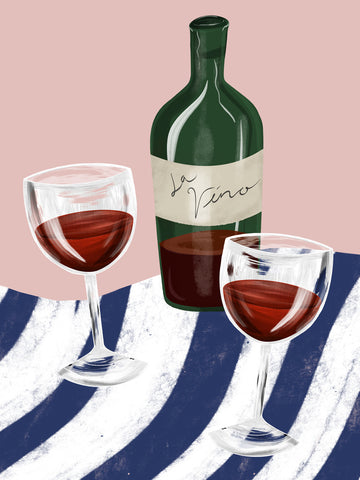 Illustration von zwei Gläsern Rotwein und einer Weinflasche auf einem gestreiften Tuch mit rosa Hintergrund.