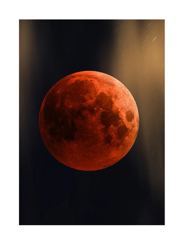 Poster eines roten Mondes während einer Mondfinsternis vor dunklem Hintergrund.