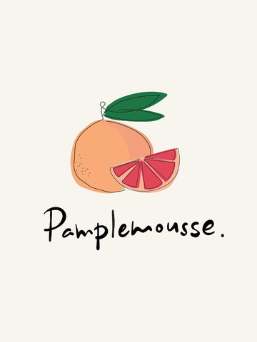 Illustration einer Grapefruit mit dem Text "Pamplemousse" auf hellem Hintergrund.