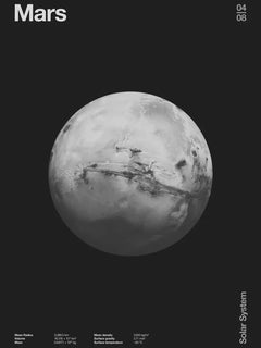Schwarzweiß-Poster des Planeten Mars mit schwarzem Hintergrund.