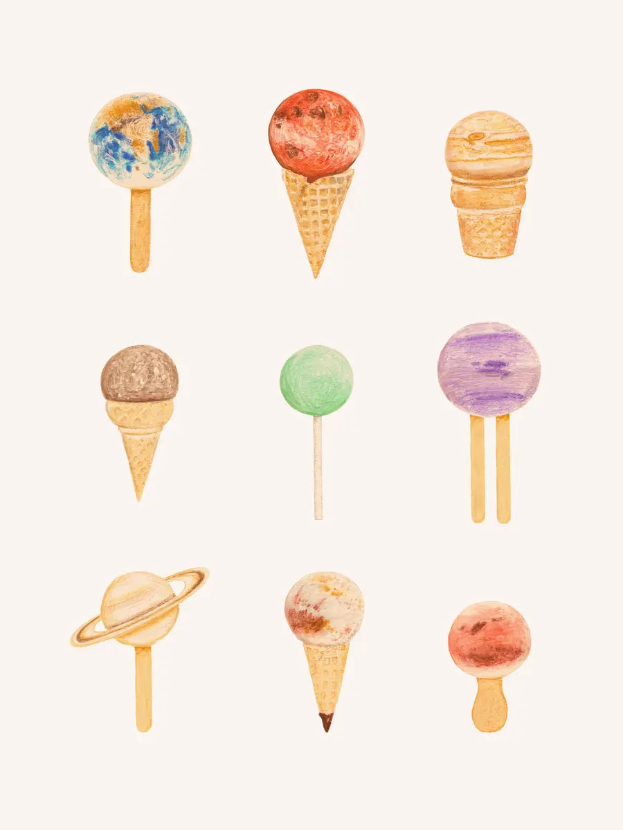 Illustration von Planeten als Eiscreme in verschiedenen Farben auf hellem Hintergrund.