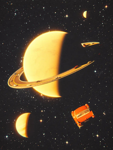Ein gelber Planet mit Ringen als Straßen mit Autos vor einem schwarzen, sternenübersäten Hintergrund.