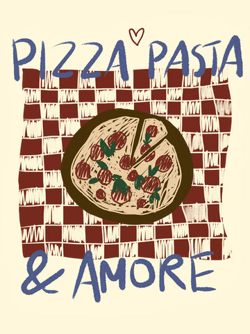 Poster mit einer Pizza auf einer rot-weiß karierten Tischdecke und dem blauen Schriftzug "Pizza Pasta & Amore" mit einem Herzsymbol.