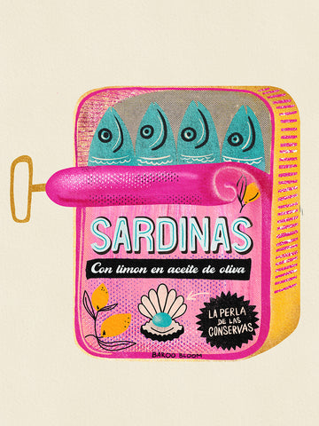 Illustration einer bunten Sardinenkonserve mit Text in spanischer Sprache.