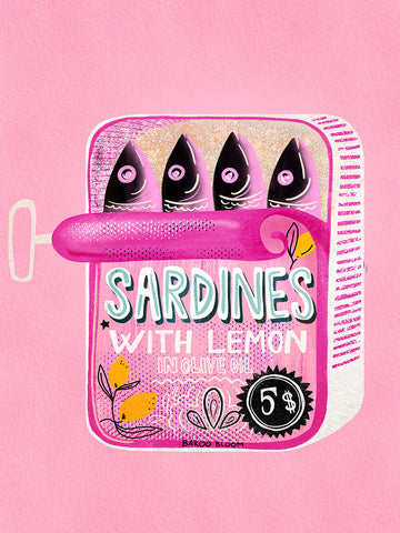 Poster einer rosa Sardinenbüchse mit der Aufschrift „Sardines with lemon in olive oil“.