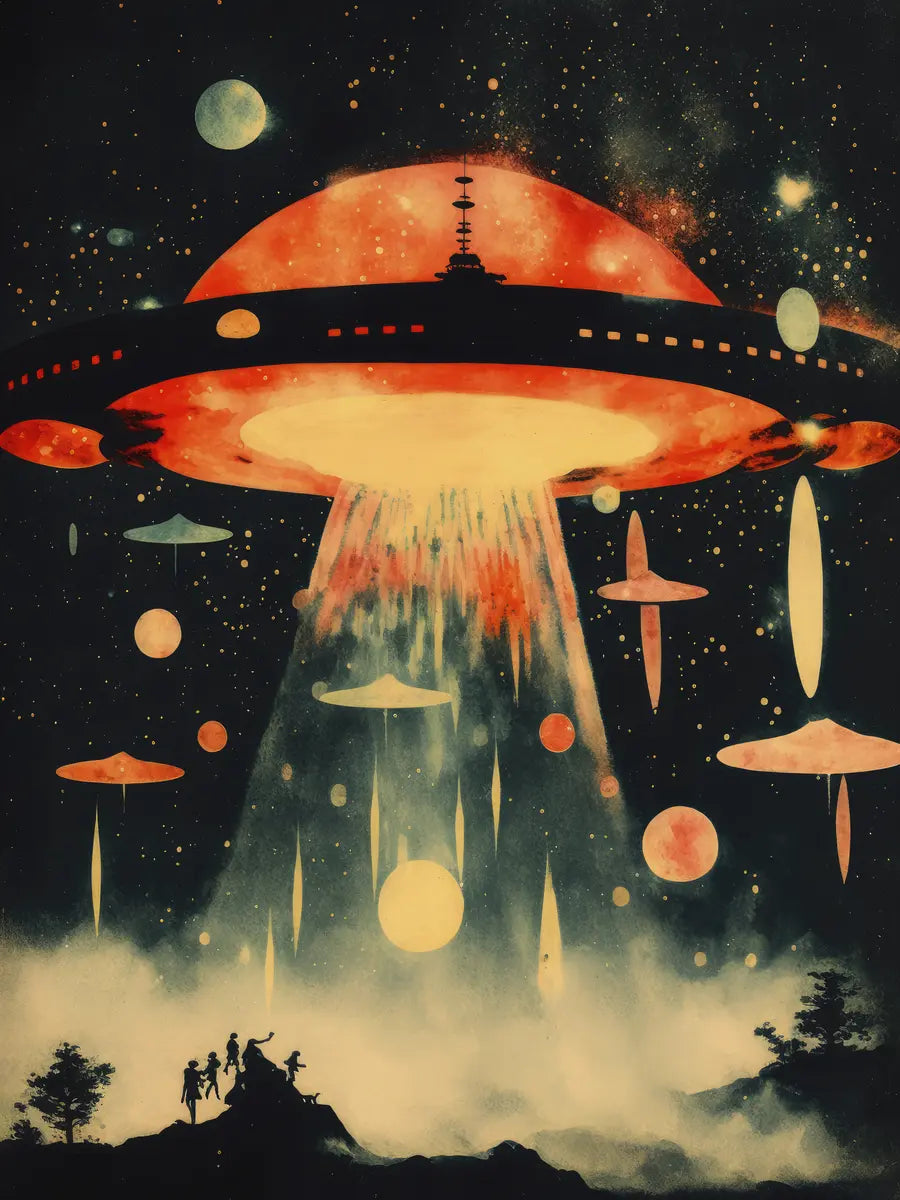 Ein rotes und oranges Raumschiff mit hellem Strahl, umgeben von Sternen und anderen Raumschiffen, vor dunklem Hintergrund.