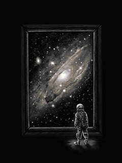 Ein Astronaut betrachtet eine Galaxie vor einem schwarzen Hintergrund.