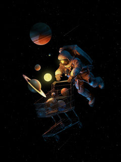 Ein Astronaut sammelt Planeten in einem Einkaufswagen im Weltraum.