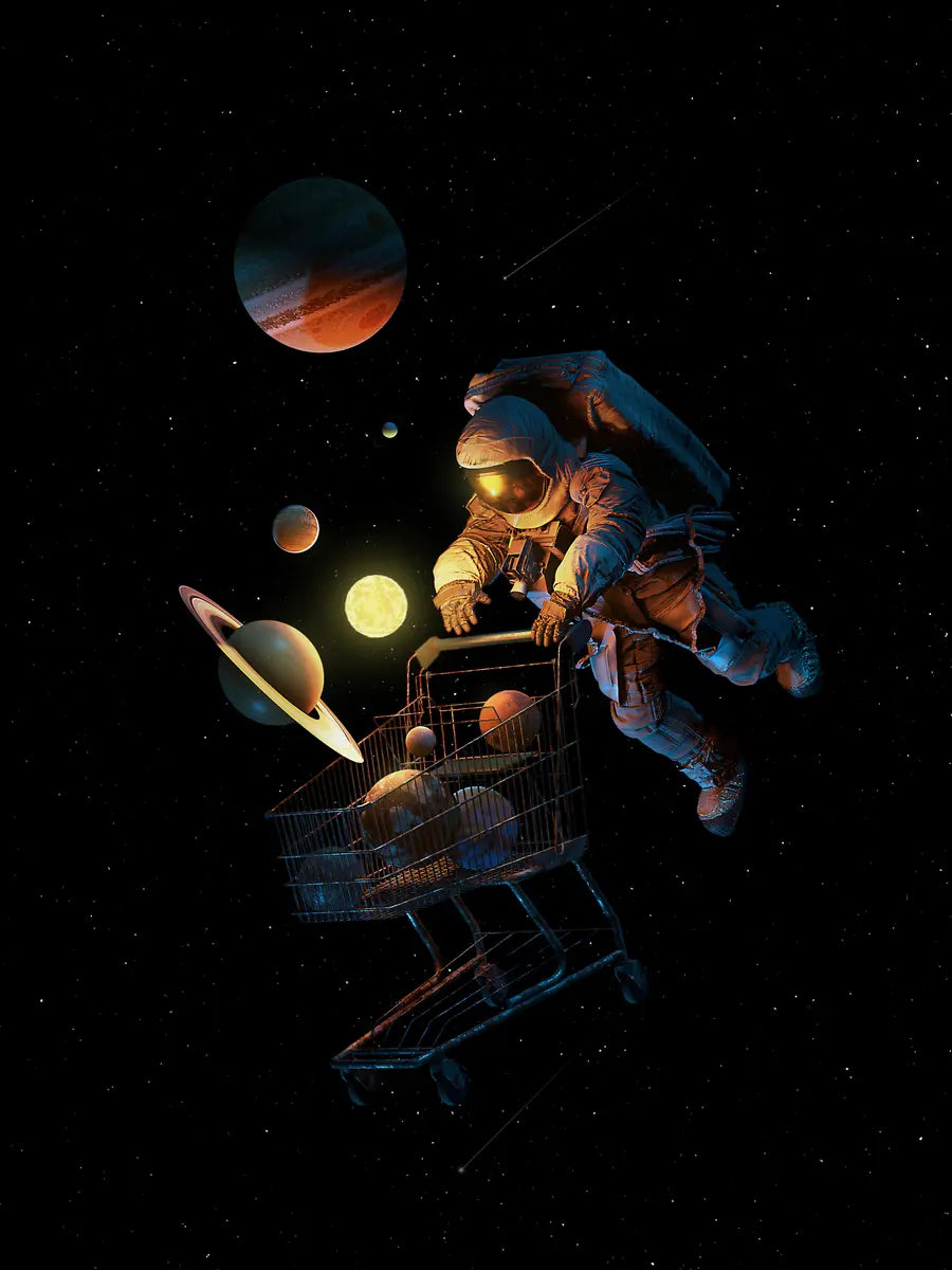 Ein Astronaut sammelt Planeten in einem Einkaufswagen im Weltraum.