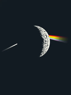 Grafische Illustration des Mondes mit einem Regenbogen, der durch den Mond scheint, vor einem schwarzen Hintergrund.