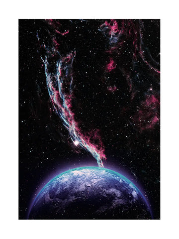 Poster mit Darstellung des Weltalls und der Erde, umgeben von bunten kosmischen Nebeln.