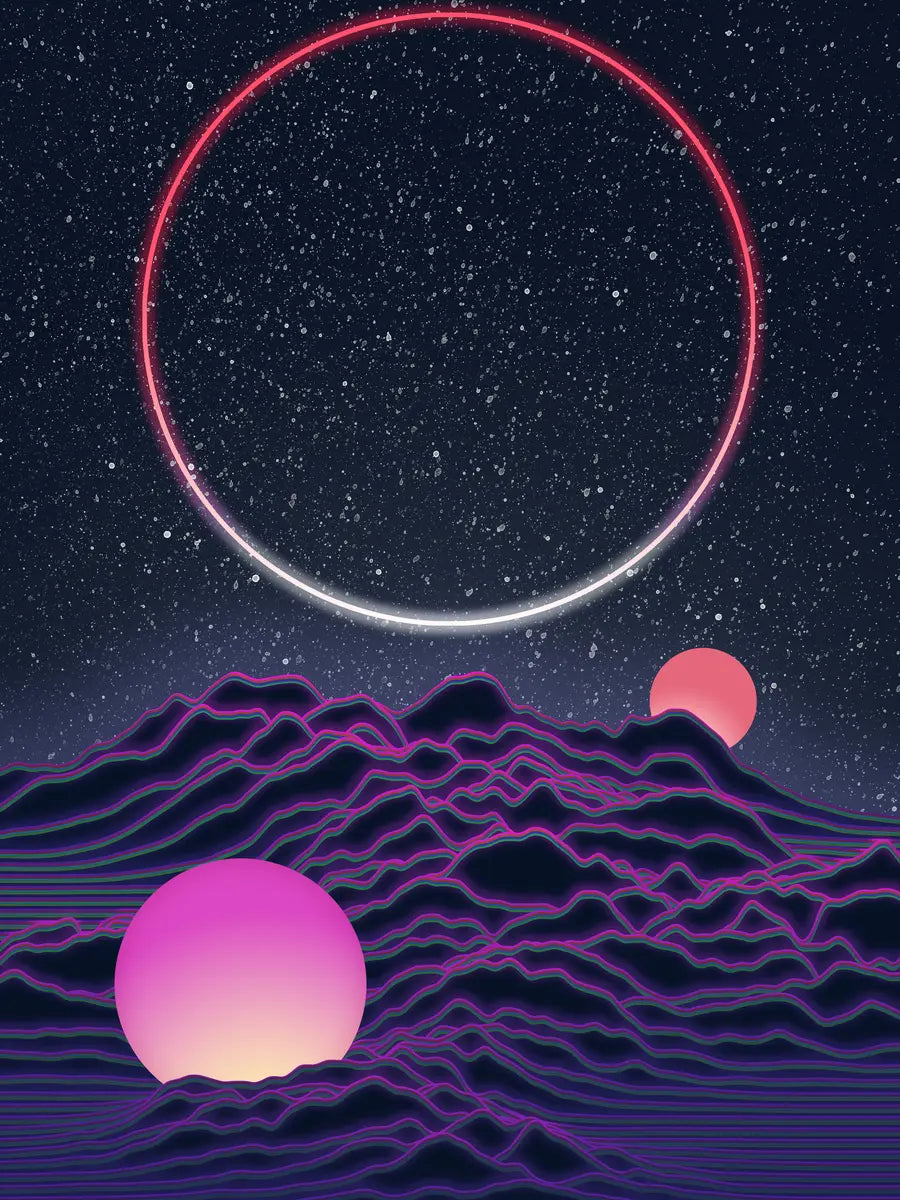 Futuristische Landschaft mit neonfarbenen Hügeln und einem Sternenhimmel.