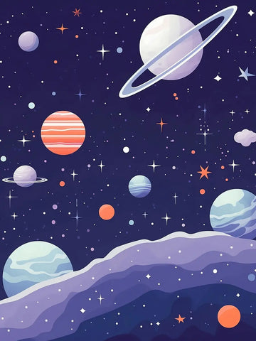 Illustration von Planeten in einem dunklen Universum mit vielen Sternen.