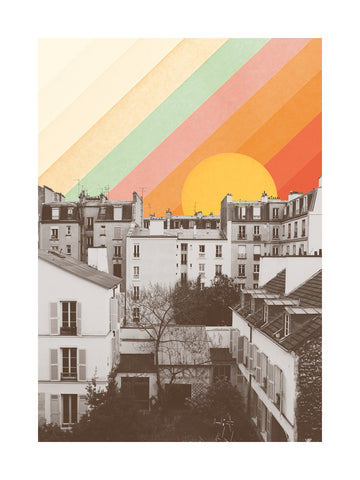Poster mit Sonnenuntergang über Paris, monochrome Gebäude und farbenfroher Himmel in Orange und Gelb.