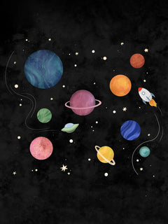 Illustration von bunten Planeten, Sternen und einer Rakete auf schwarzem Hintergrund.