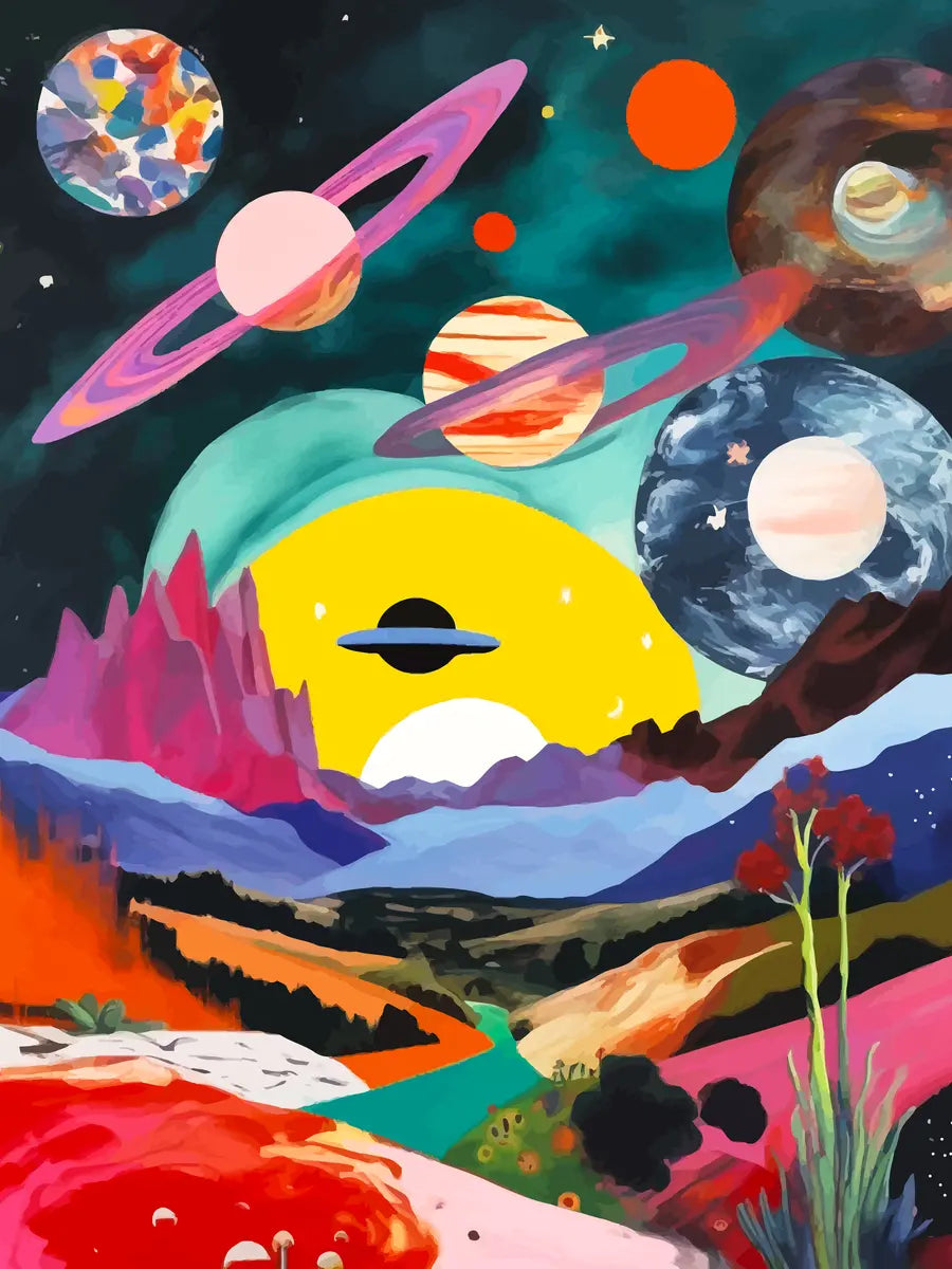 Abstrakte Darstellung einer Galaxie mit surrealer Landschaft und farbenfrohem Sternenhimmel.