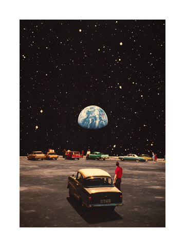 Collage eines Autokinos auf dem Mond mit Blick auf die Erde.