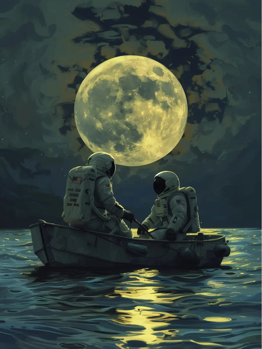 Zwei Astronauten in einem Boot auf einem Gewässer mit einem großen, leuchtenden Mond im Hintergrund.
