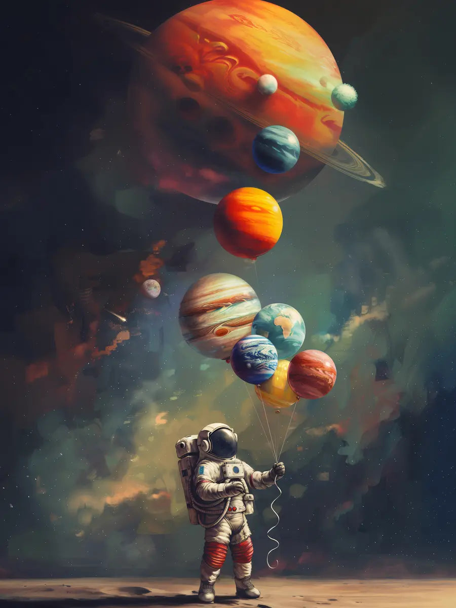 Ein Astronaut hält Ballons in Form von Planeten vor einem kosmischen Hintergrund.