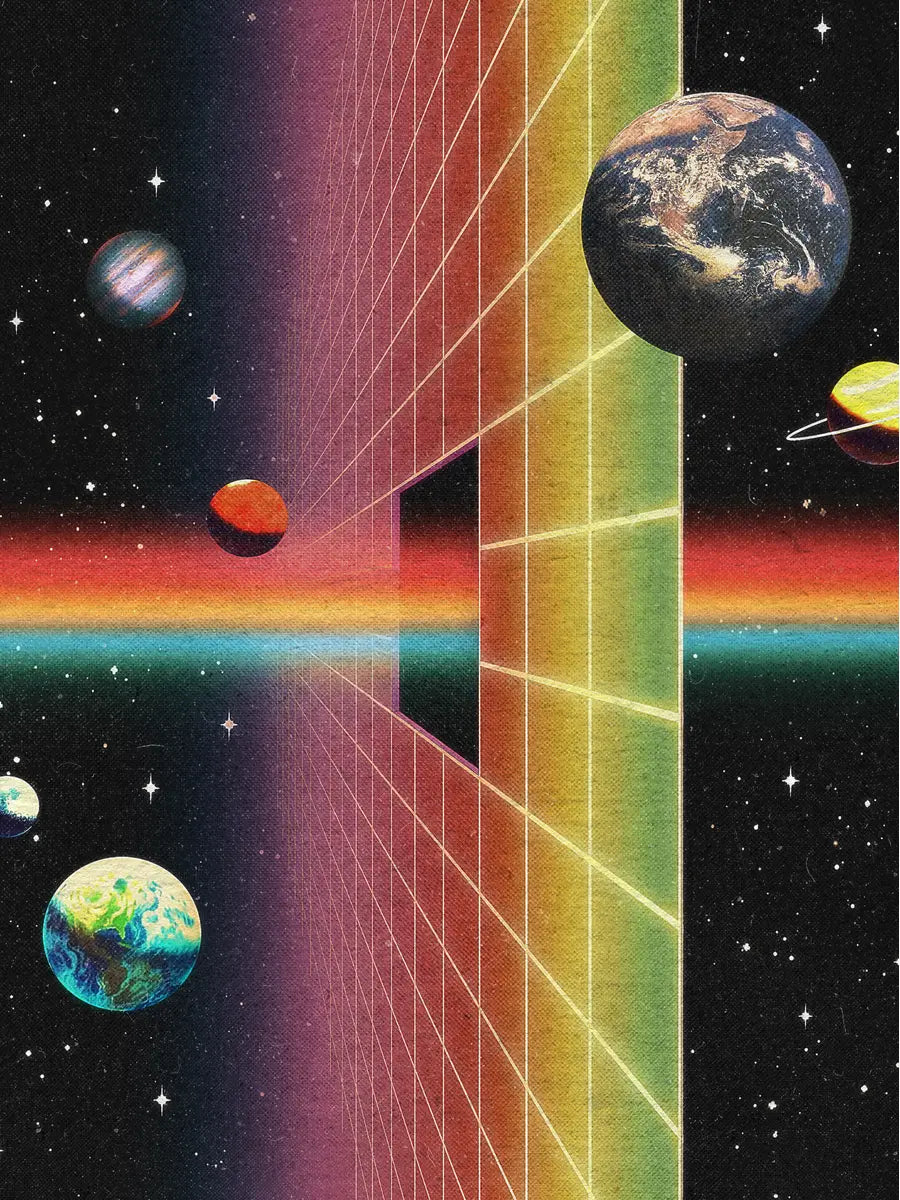 Poster mit Planeten im Weltraum und einer bunten Wand in der Mitte im Retro-Look.