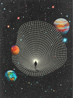 Collage eines Wurmlochs mit einem Menschen, umgeben von Planeten und Sternen im Universum.