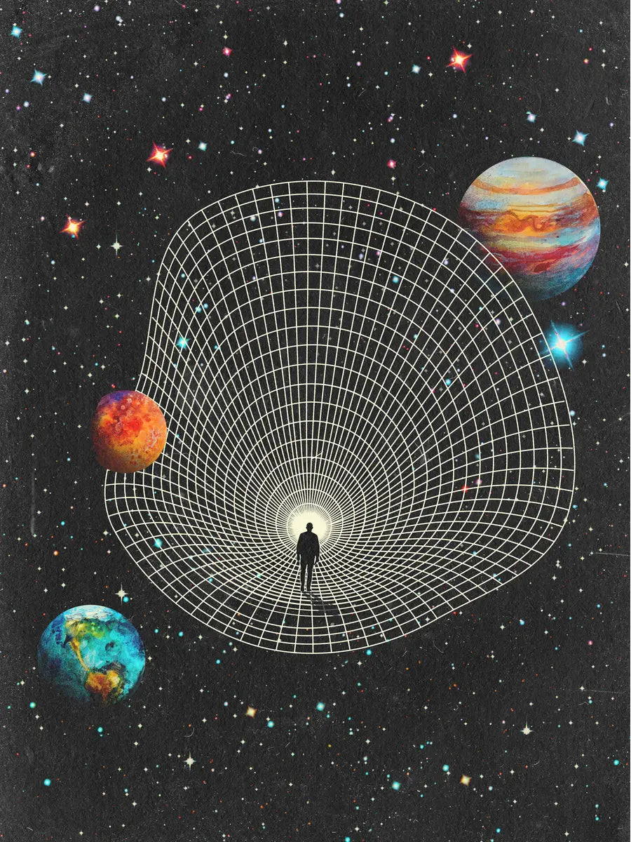 Collage eines Wurmlochs mit einem Menschen, umgeben von Planeten und Sternen im Universum.