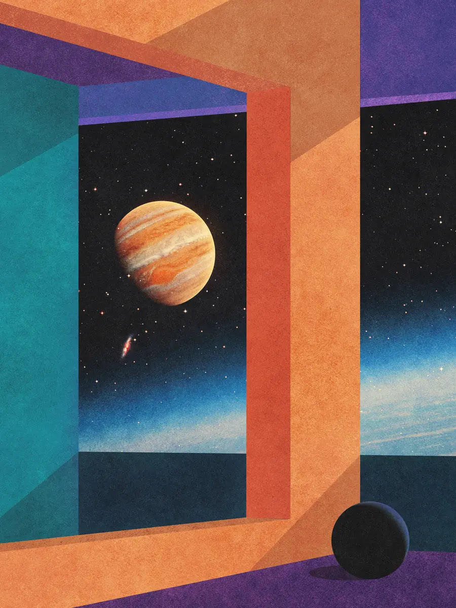 Ein farbenfrohes Poster mit einem Fenster, das den Weltraum und einen Planeten zeigt, umgeben von orange, lila und türkisfarbenen Wänden und einem schwarzen Ball auf dem Boden.