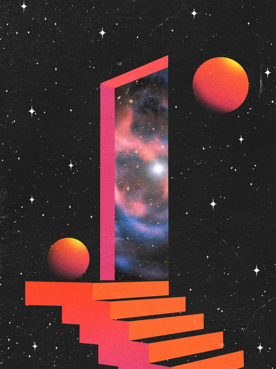 Illustration von orangefarbenen Treppen und Planeten vor einem gesprenkelten schwarzen Hintergrund.